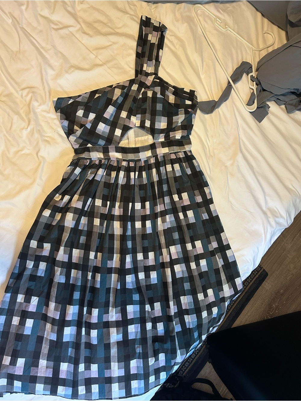 ASOS One-Shoulder Plaid Cutout Dress in Black and Pastel